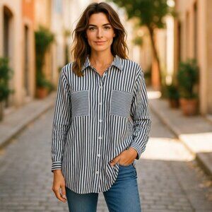 COLLECTION L Blue and White Striped Tunic Blouse Ladies Size 14